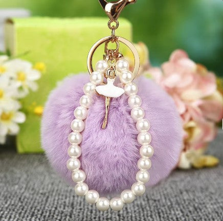 Keyring Lilac Fluffy Ball With Ballet Dancer and Pearls