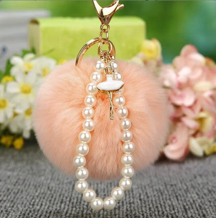 Keyring Ballet Pink fluffy ball with ballet dancer and pearls