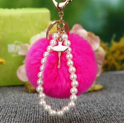Keyring Pink Fluffy Ball with Ballet Dancer and Pearls